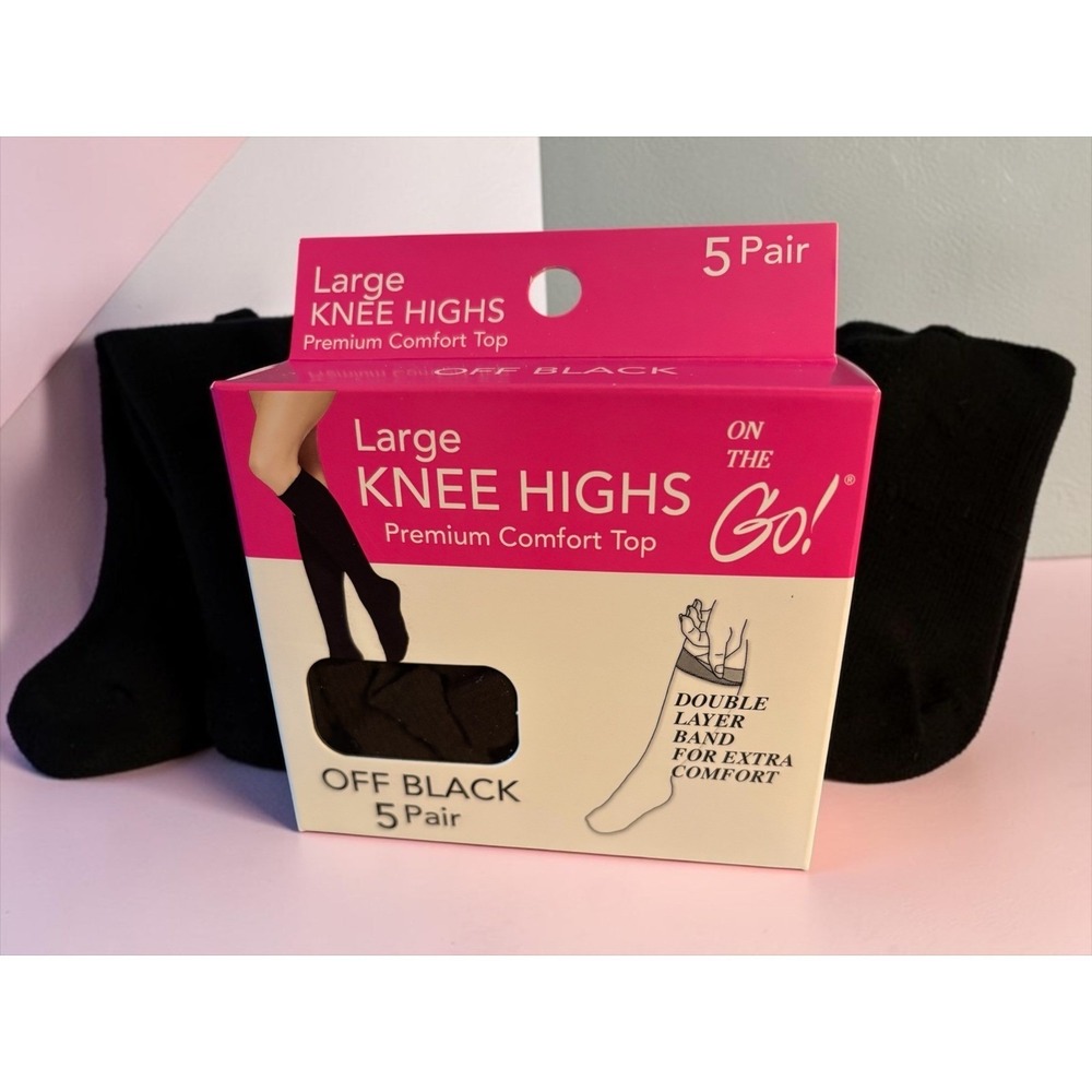 On The Go! Premium Comfort Top Knee Highs Large Off Black 5 Pair Made USA New